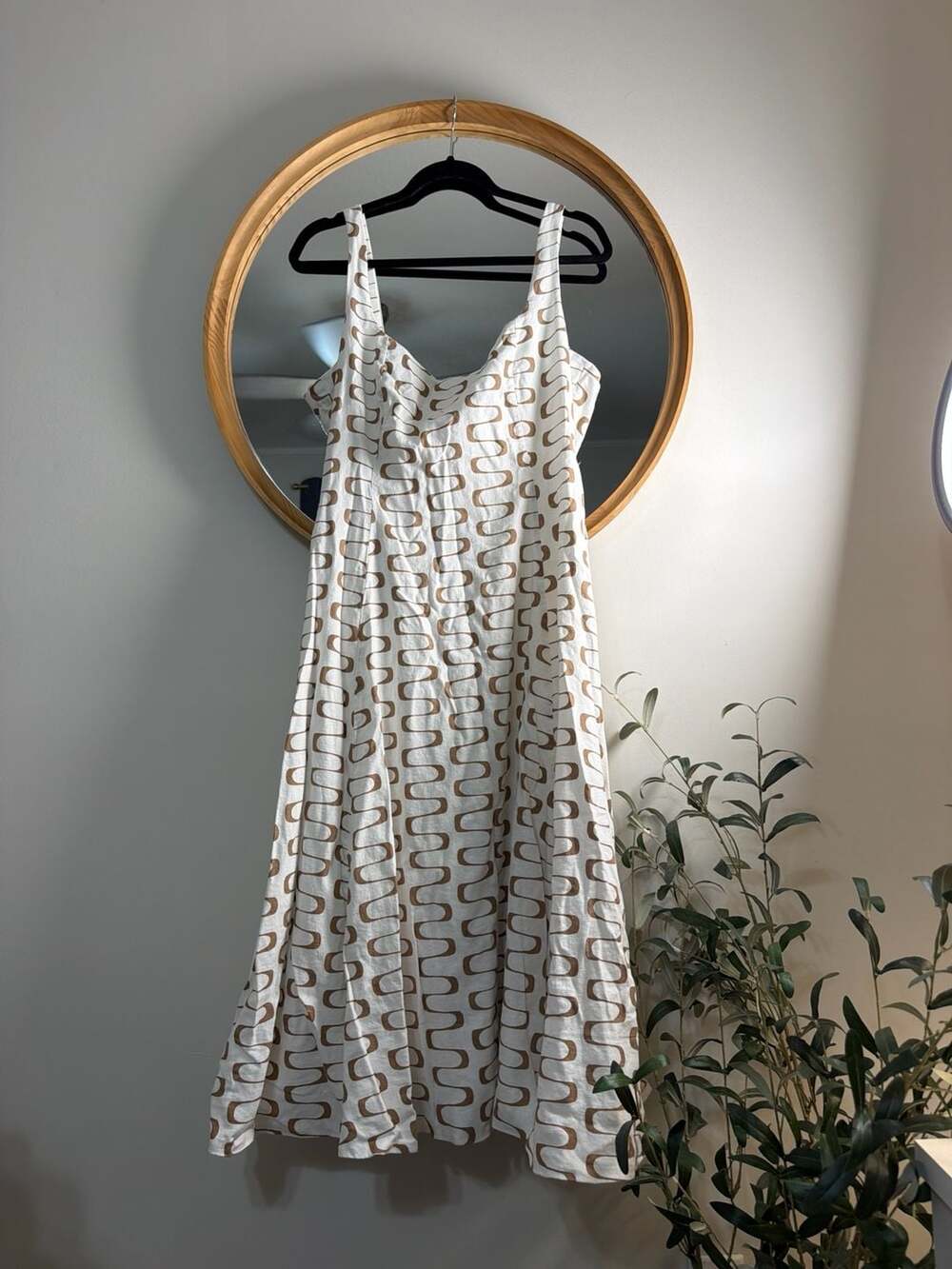 Christian Lacroix White Linen Midi Dress with Brown‎ Waves Print